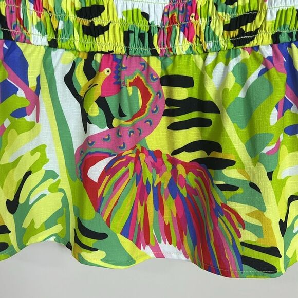 Crosby by Mollie Burch Flamingo Tropical Print Top Smocking Puff Sleeve Sz Med - Picture 2 of 9